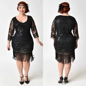 NWT Unique Vintage 1920s Black Beaded & Sequin Sleeved Fringe Flapper Dress 2X